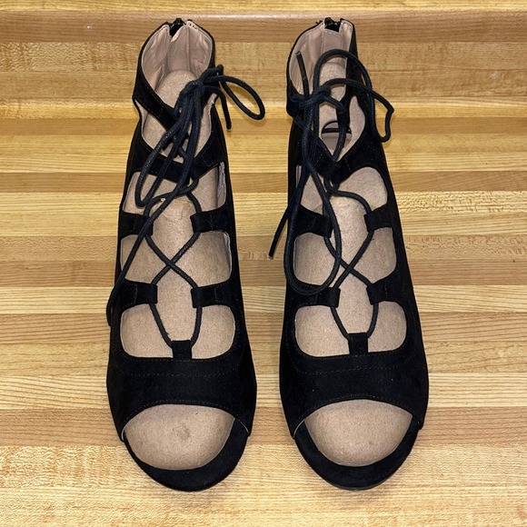 Black Suede Open Toe Wedge Sandals Size 10 - Picture 2 of 9